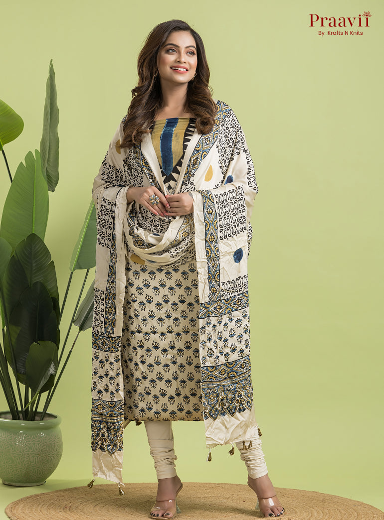 White Ajrakh Modal Handblock Printed Suit Set