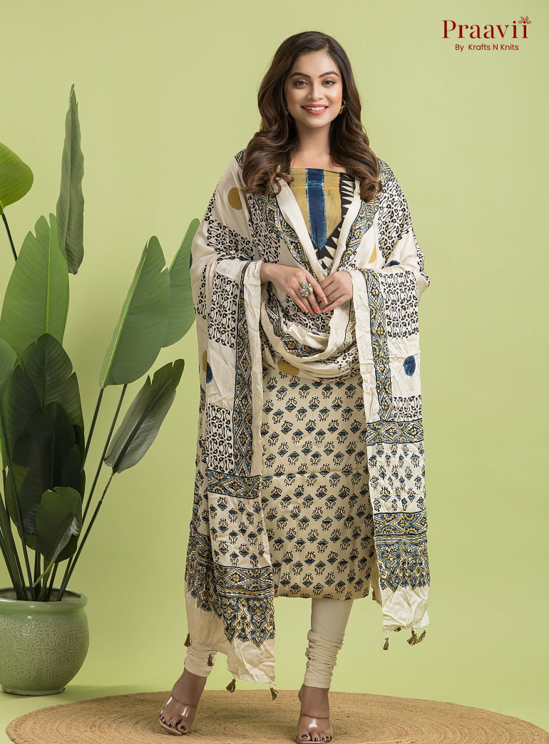White Ajrakh Modal Handblock Printed Suit Set