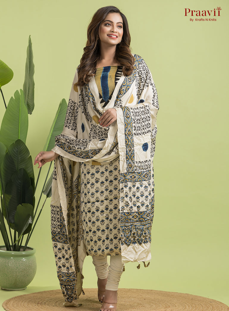 White Ajrakh Modal Handblock Printed Suit Set