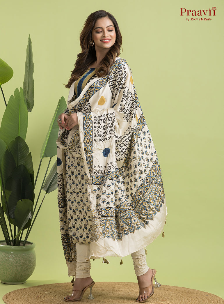 White Ajrakh Modal Handblock Printed Suit Set
