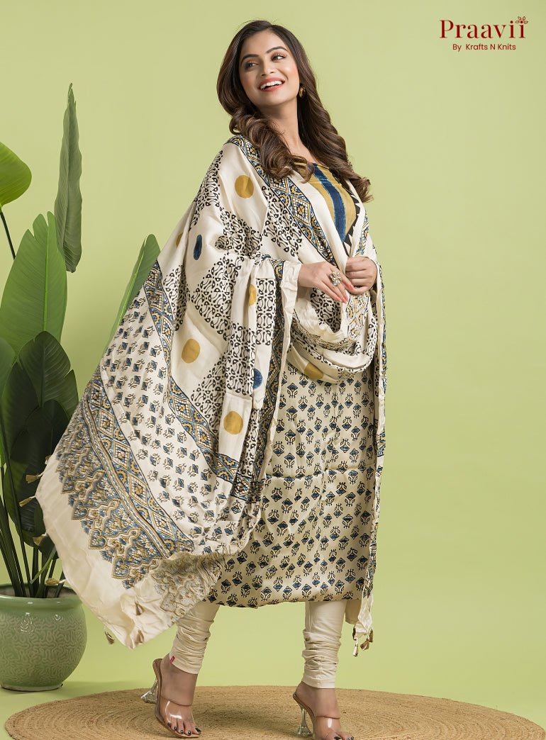 White Ajrakh Modal Handblock Printed Suit Set