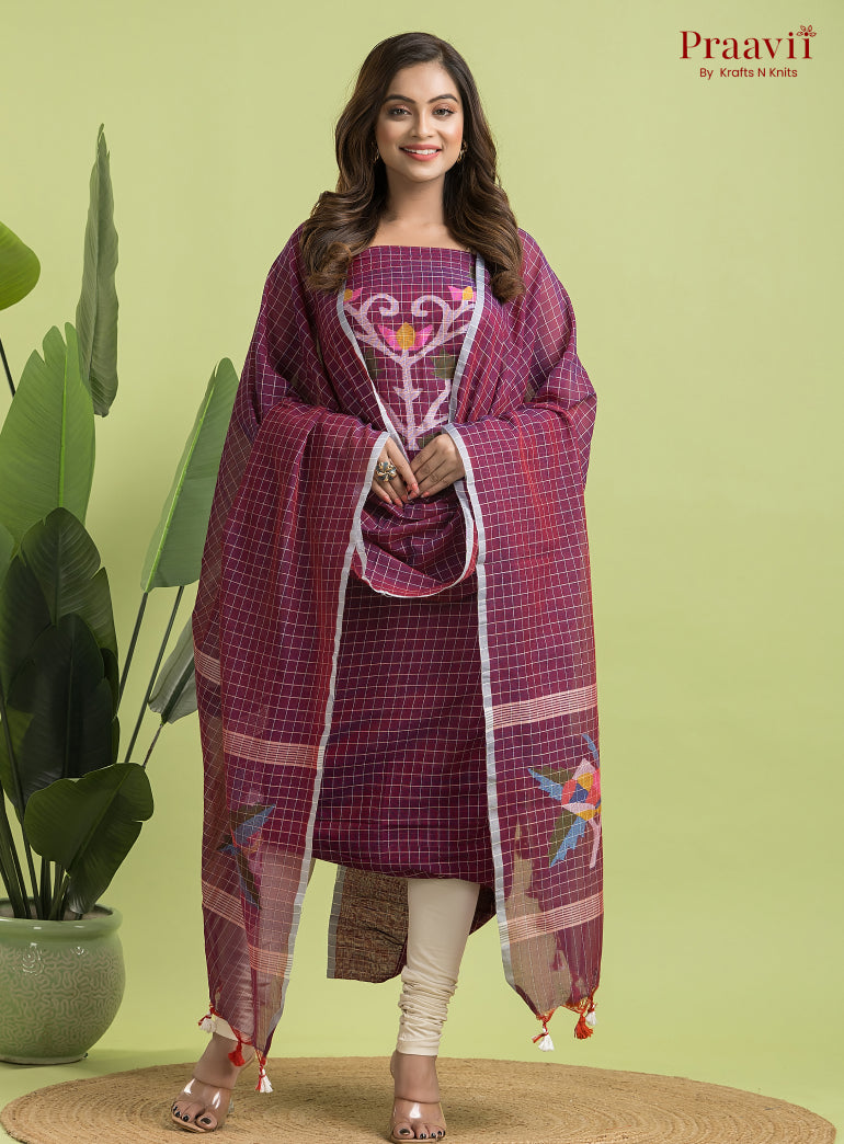 Burgundy Unstitched Cotton Jamdani 2-Piece Suit Set
