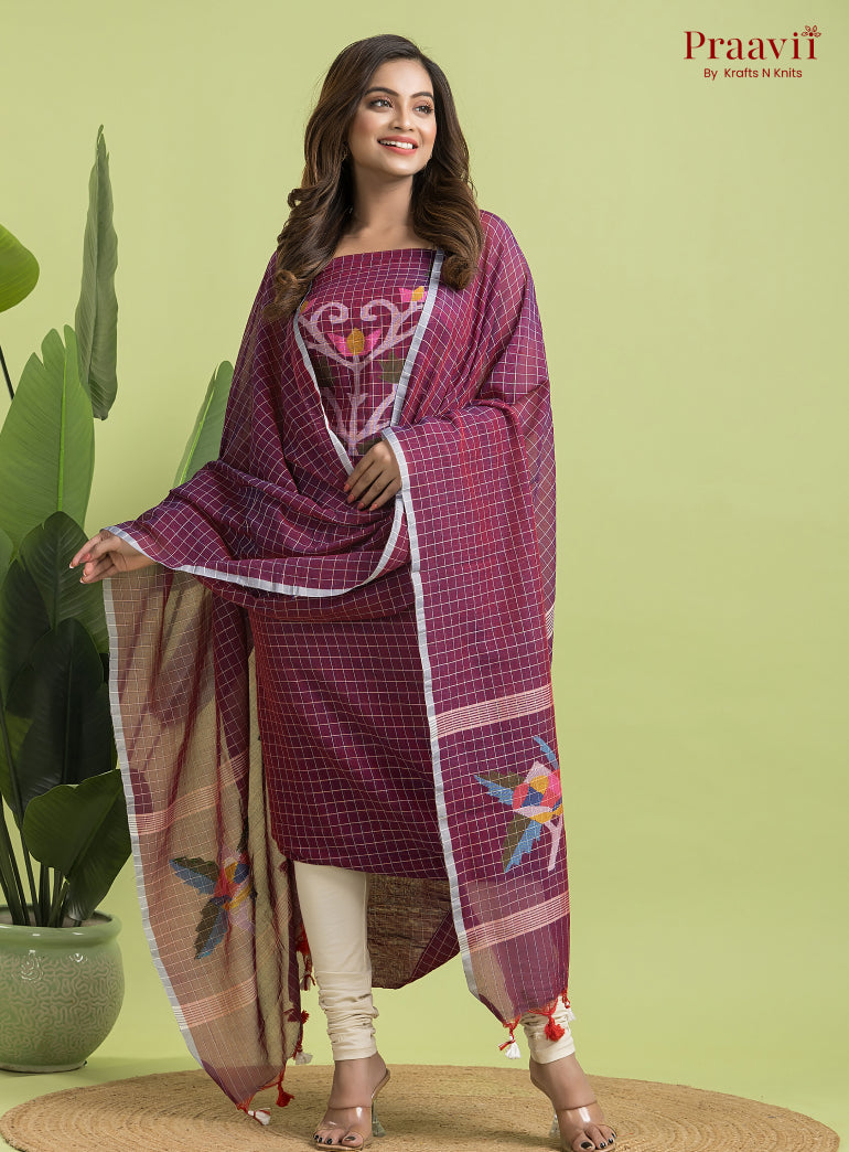 Burgundy Unstitched Cotton Jamdani 2-Piece Suit Set