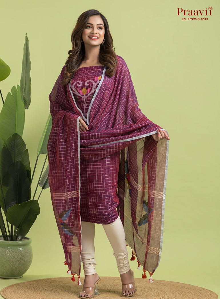 Burgundy Unstitched Cotton Jamdani 2-Piece Suit Set