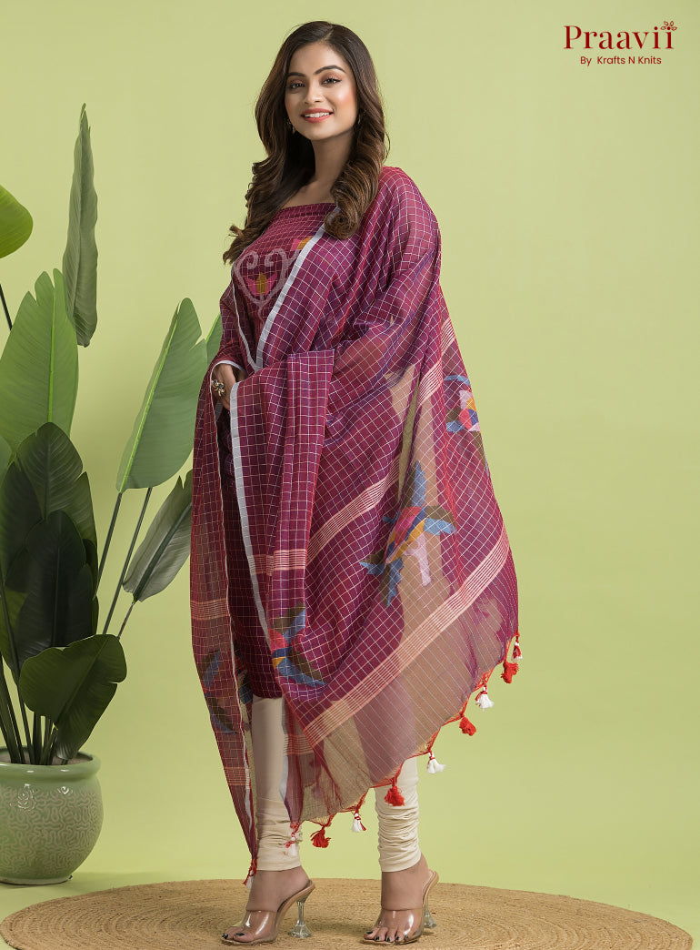 Burgundy Unstitched Cotton Jamdani 2-Piece Suit Set