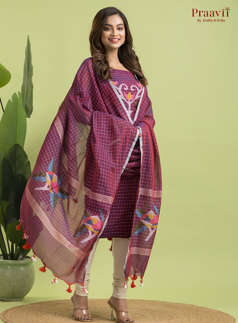 Burgundy Unstitched Cotton Jamdani 2-Piece Suit Set