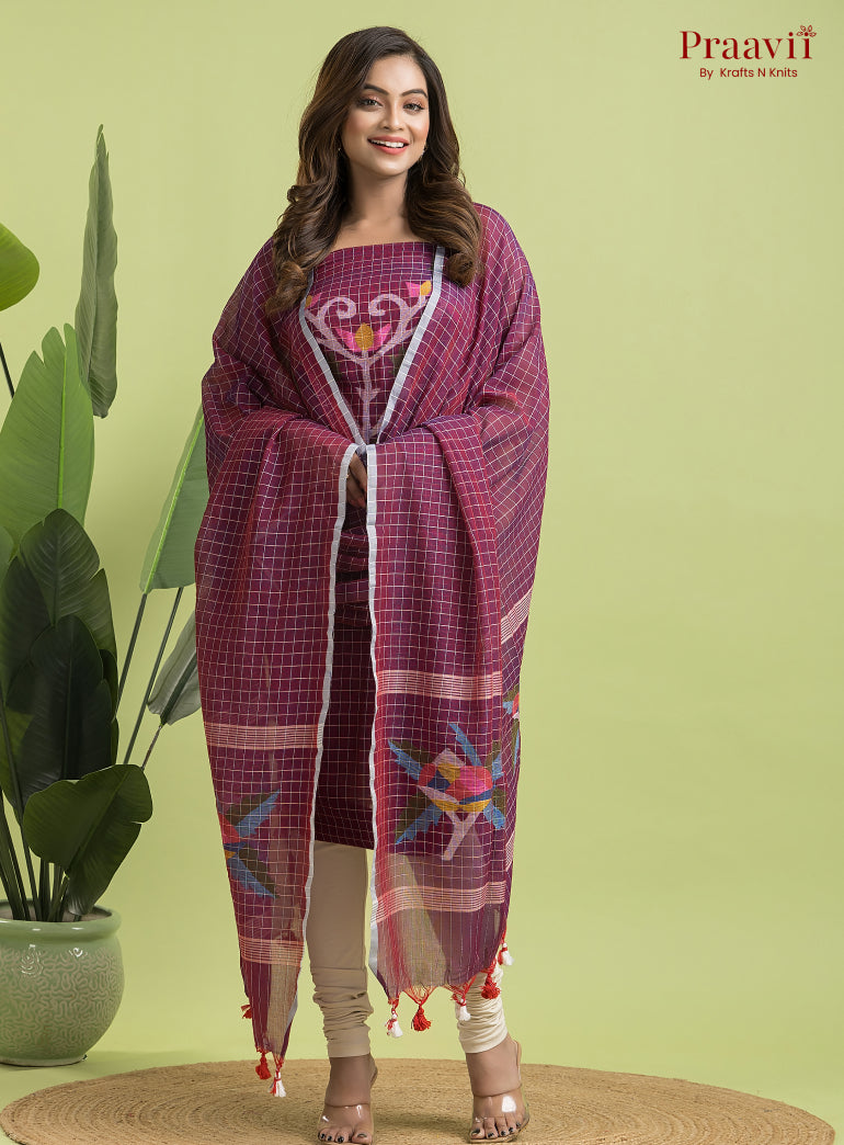 Burgundy Unstitched Cotton Jamdani 2-Piece Suit Set