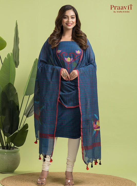 Cobalt Blue Unstitched Cotton Jamdani 2-Piece Suit Set