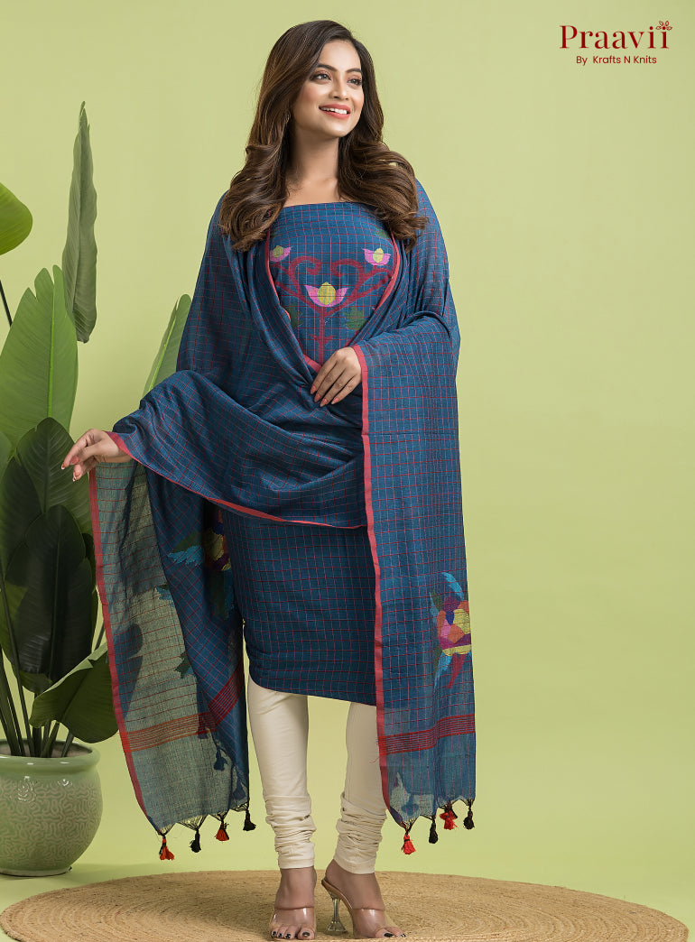 Cobalt Blue Unstitched Cotton Jamdani 2-Piece Suit Set