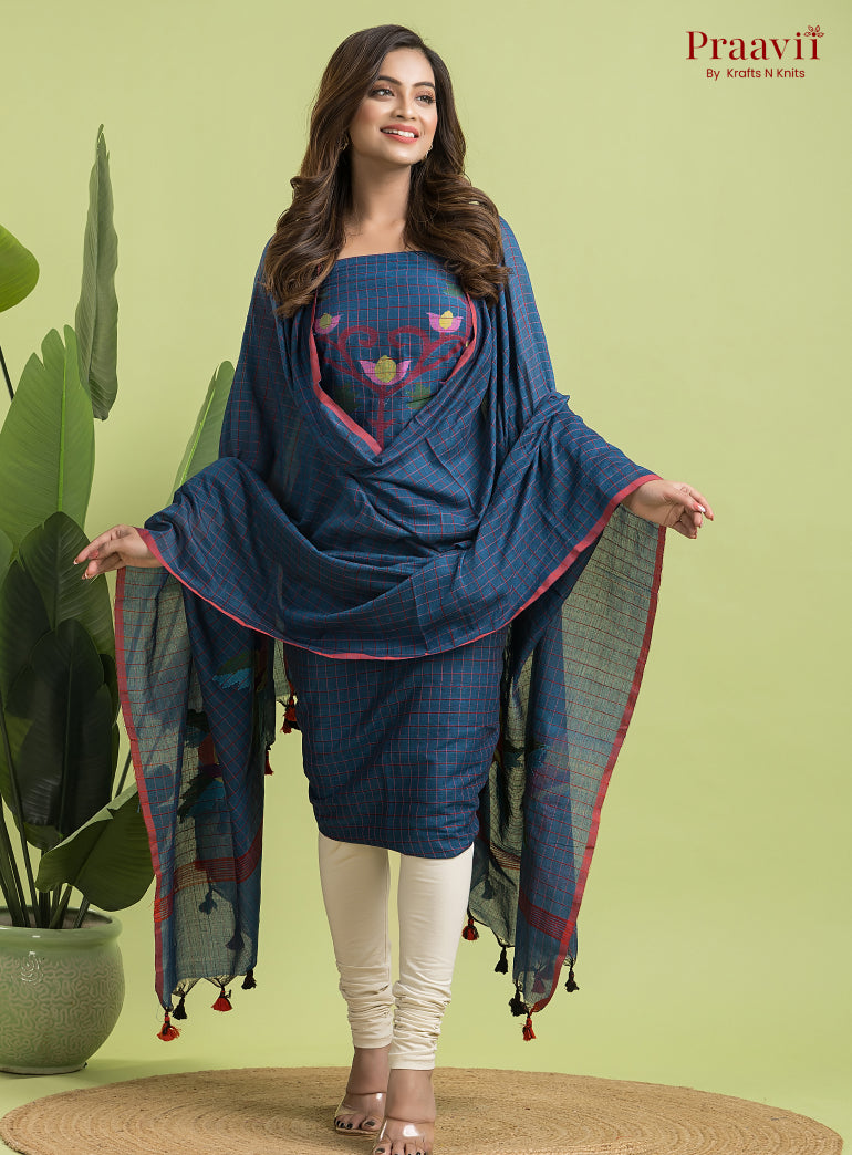 Cobalt Blue Unstitched Cotton Jamdani 2-Piece Suit Set