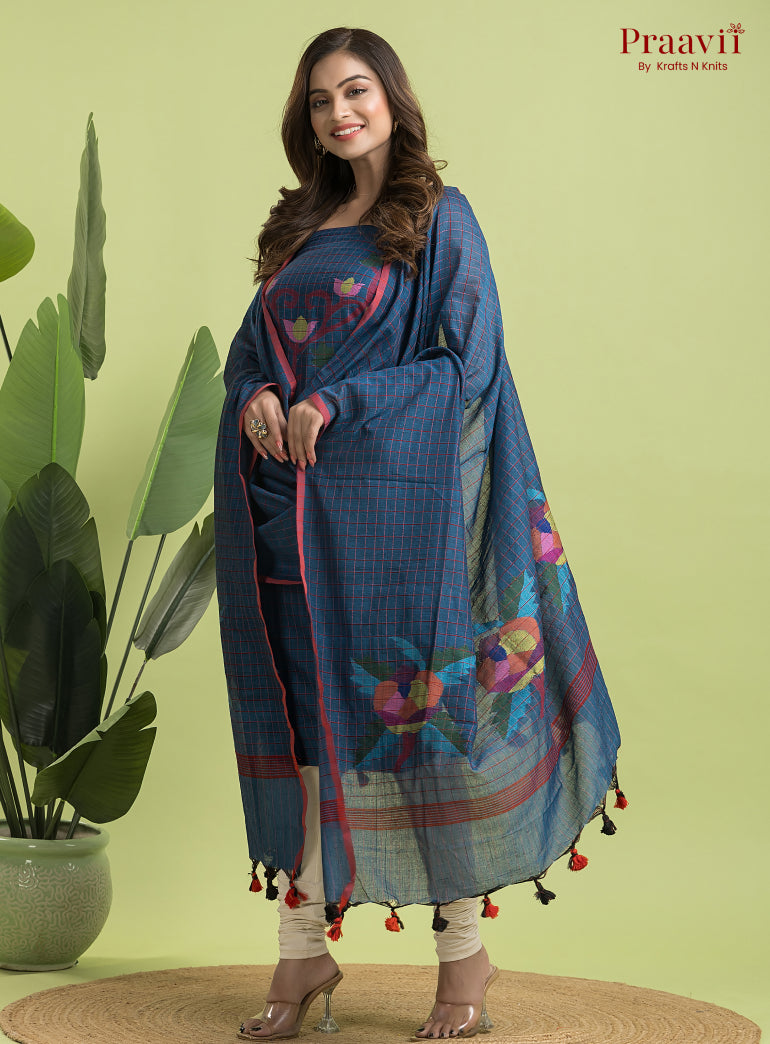 Cobalt Blue Unstitched Cotton Jamdani 2-Piece Suit Set