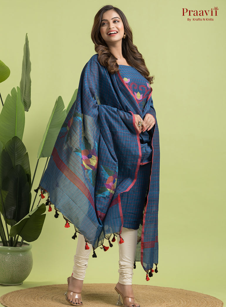 Cobalt Blue Unstitched Cotton Jamdani 2-Piece Suit Set