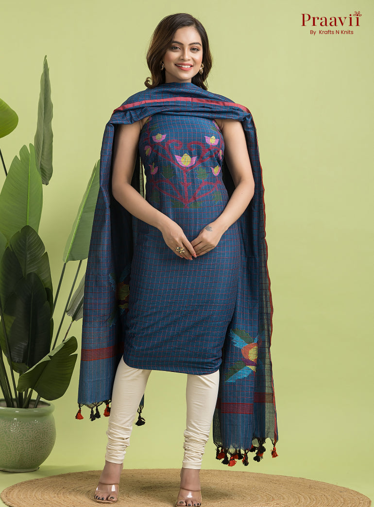 Cobalt Blue Unstitched Cotton Jamdani 2-Piece Suit Set