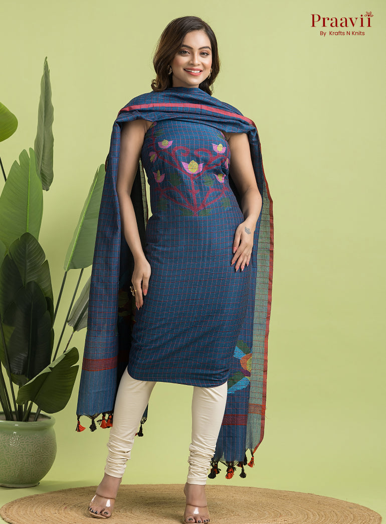 Cobalt Blue Unstitched Cotton Jamdani 2-Piece Suit Set