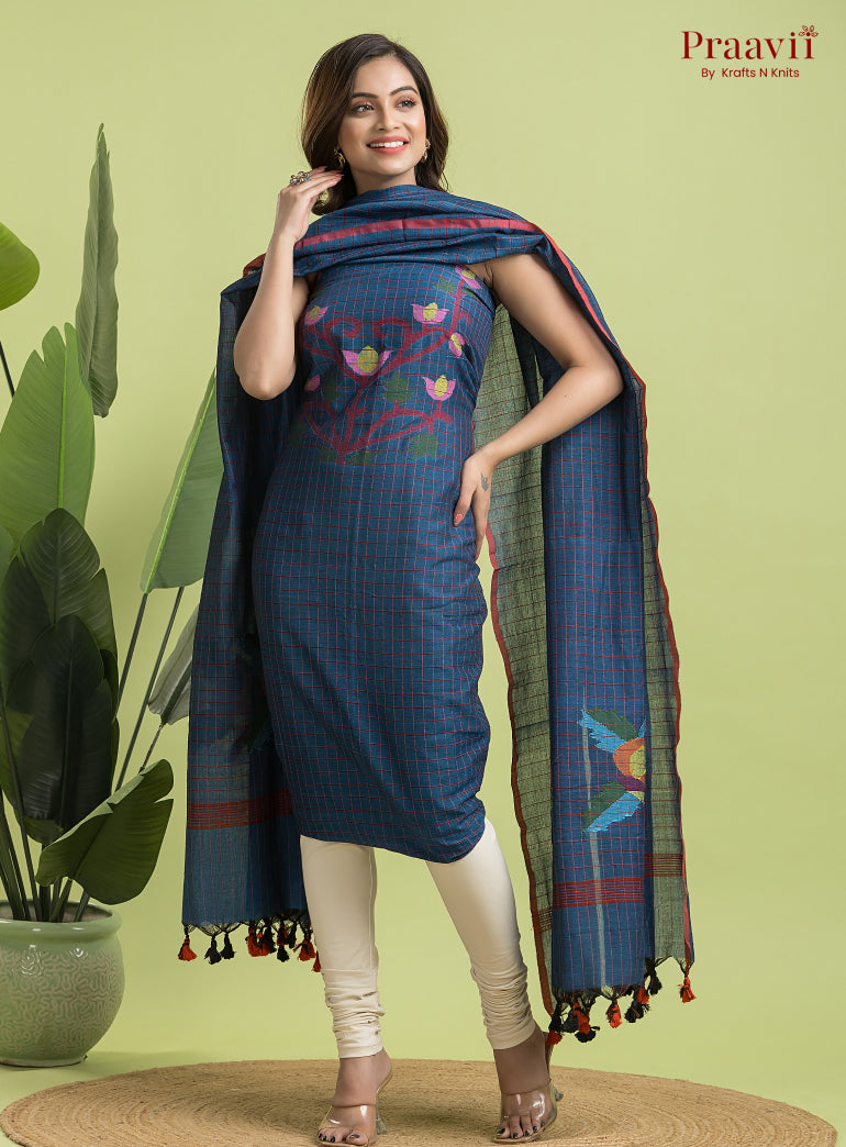 Cobalt Blue Unstitched Cotton Jamdani 2-Piece Suit Set