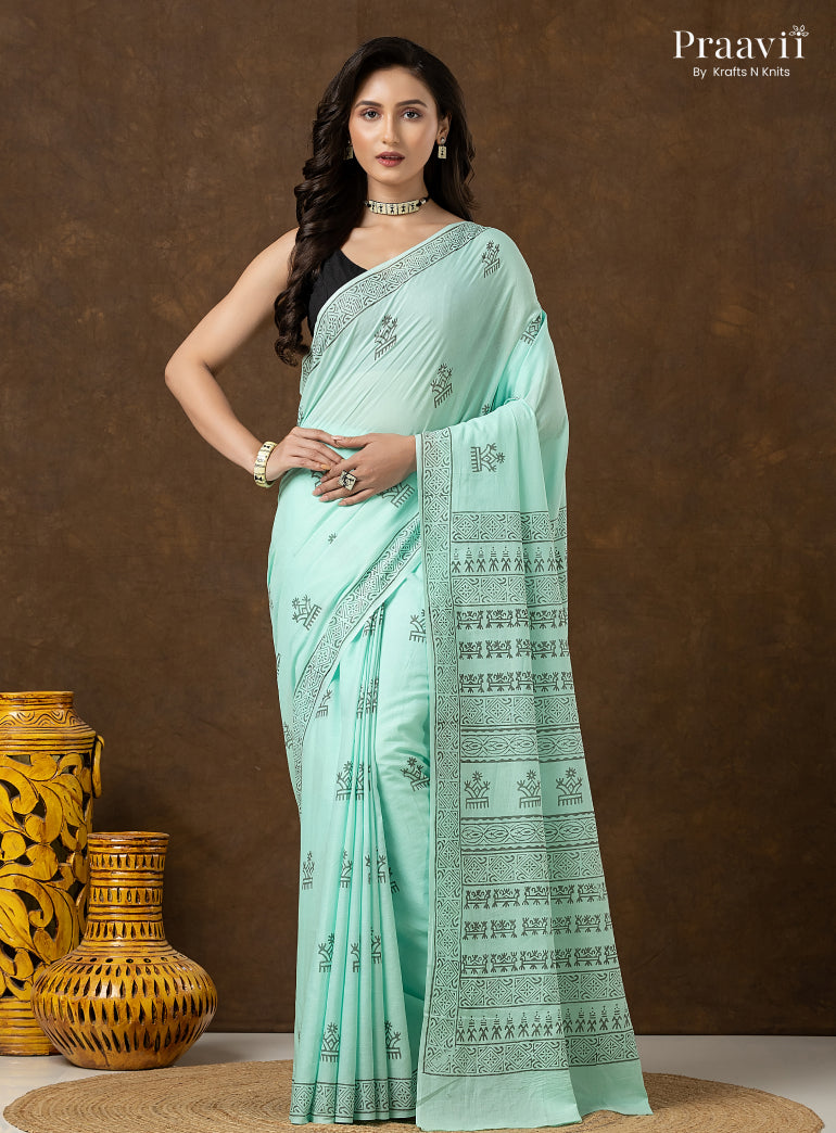Mint Green Pure Cotton Saree with Hand Block Print