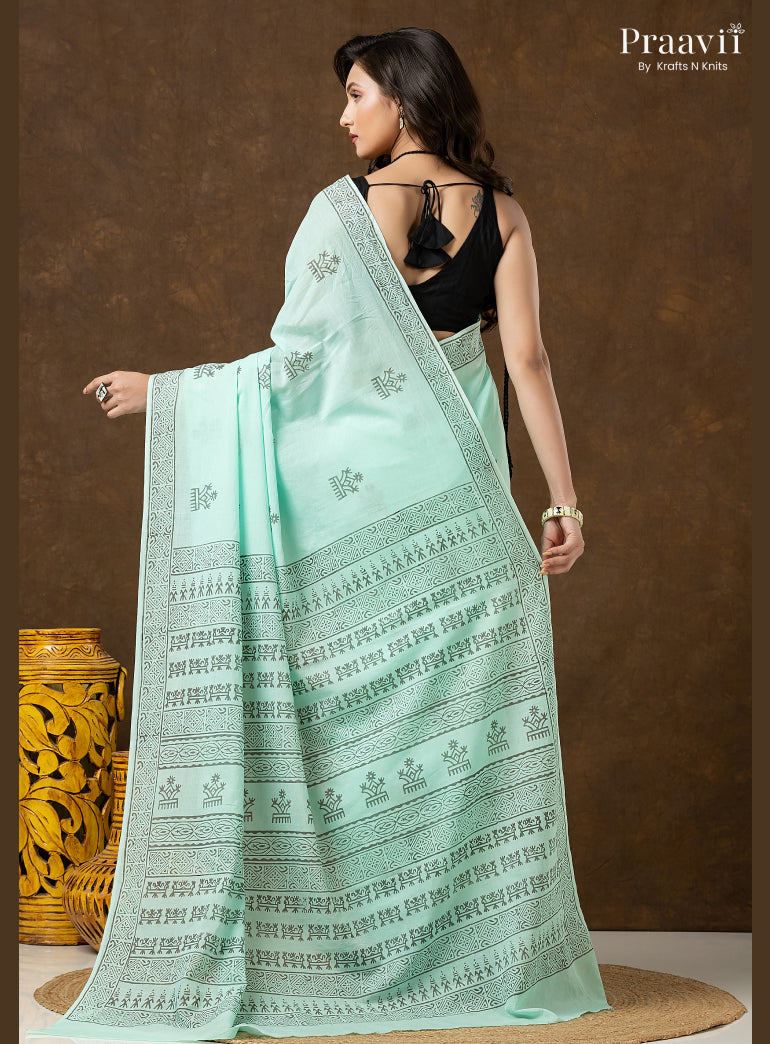 Mint Green Pure Cotton Saree with Hand Block Print