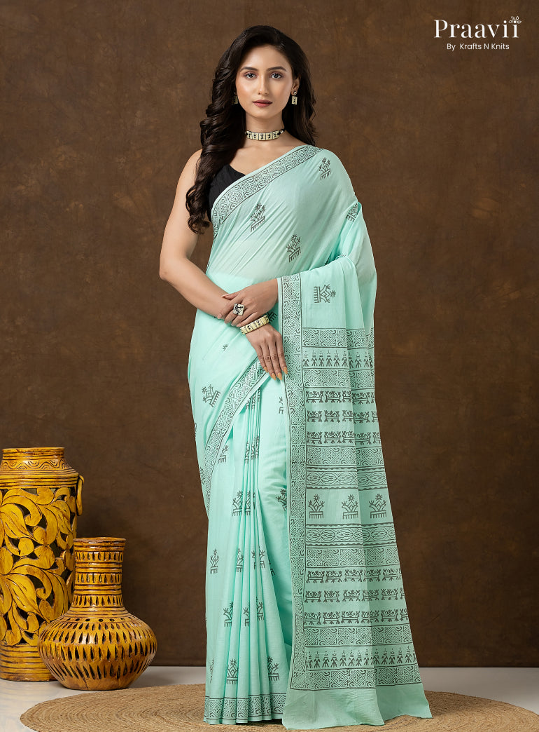 Mint Green Pure Cotton Saree with Hand Block Print