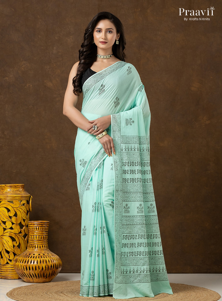 Mint Green Pure Cotton Saree with Hand Block Print