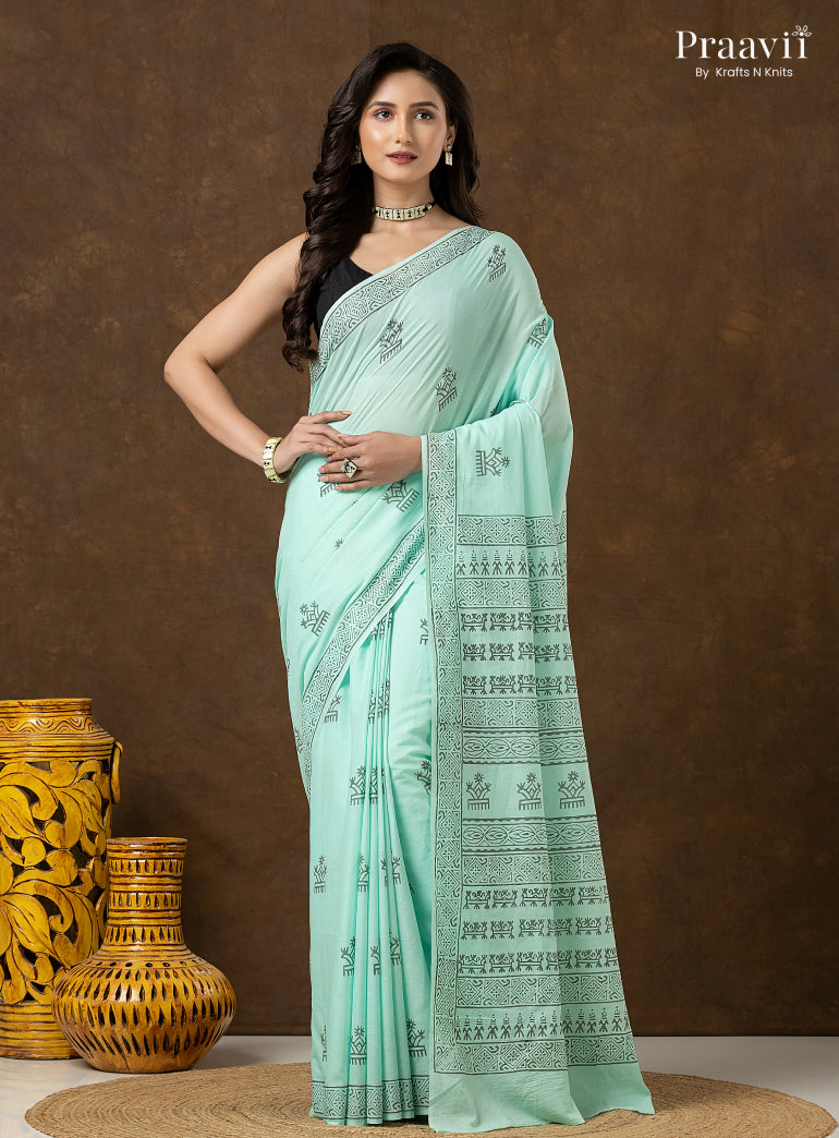 Mint Green Pure Cotton Saree with Hand Block Print