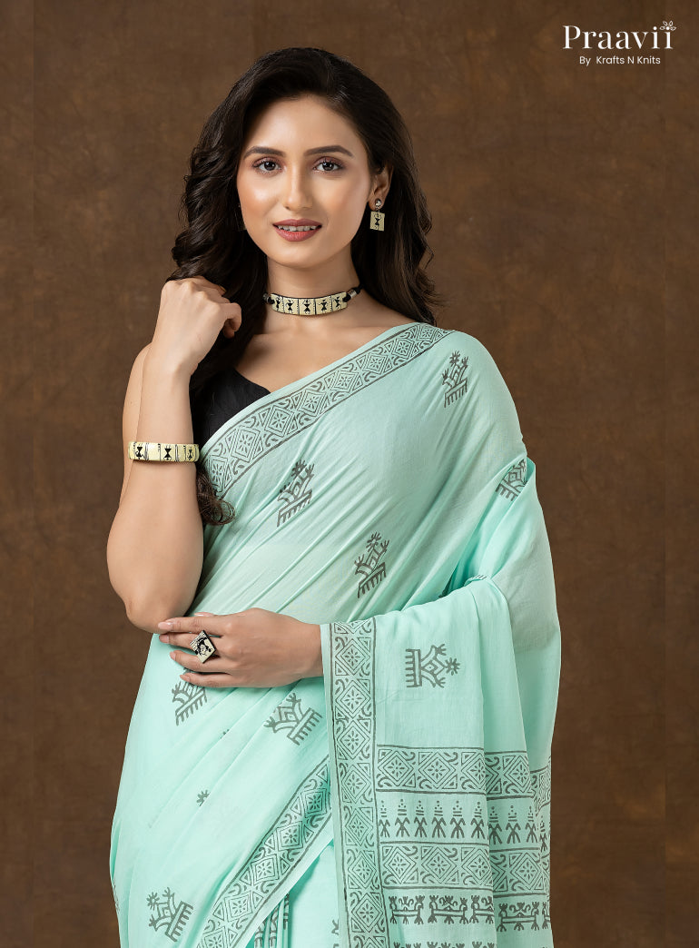 Mint Green Pure Cotton Saree with Hand Block Print