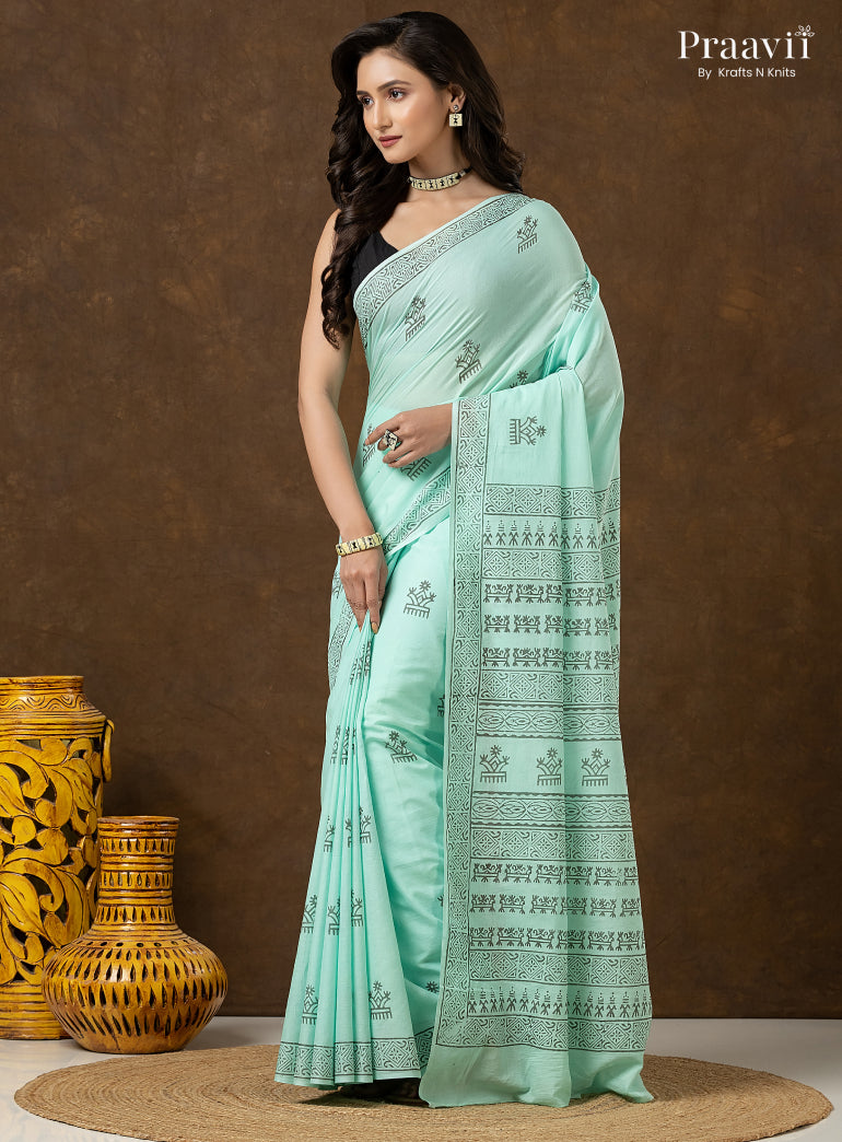 Mint Green Pure Cotton Saree with Hand Block Print