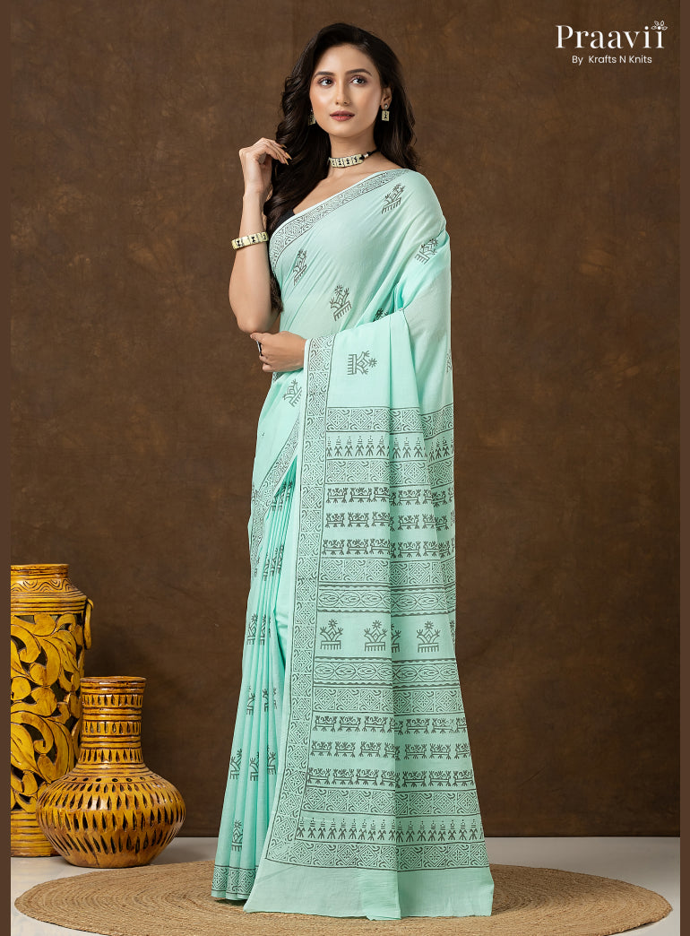 Mint Green Pure Cotton Saree with Hand Block Print