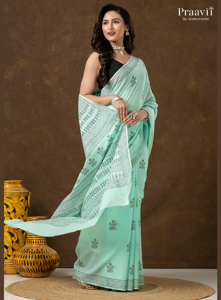 Mint Green Pure Cotton Saree with Hand Block Print