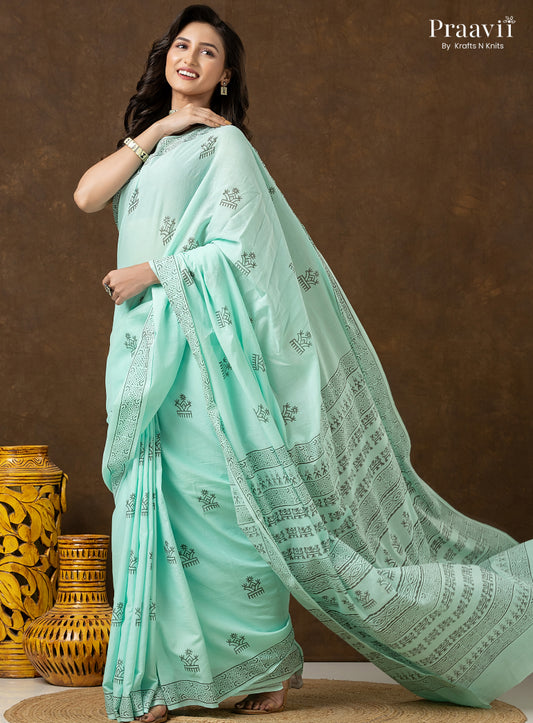 Mint Green Pure Cotton Saree with Hand Block Print