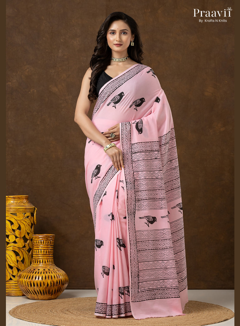 Blush Pink Pure Cotton Saree with Hand Block