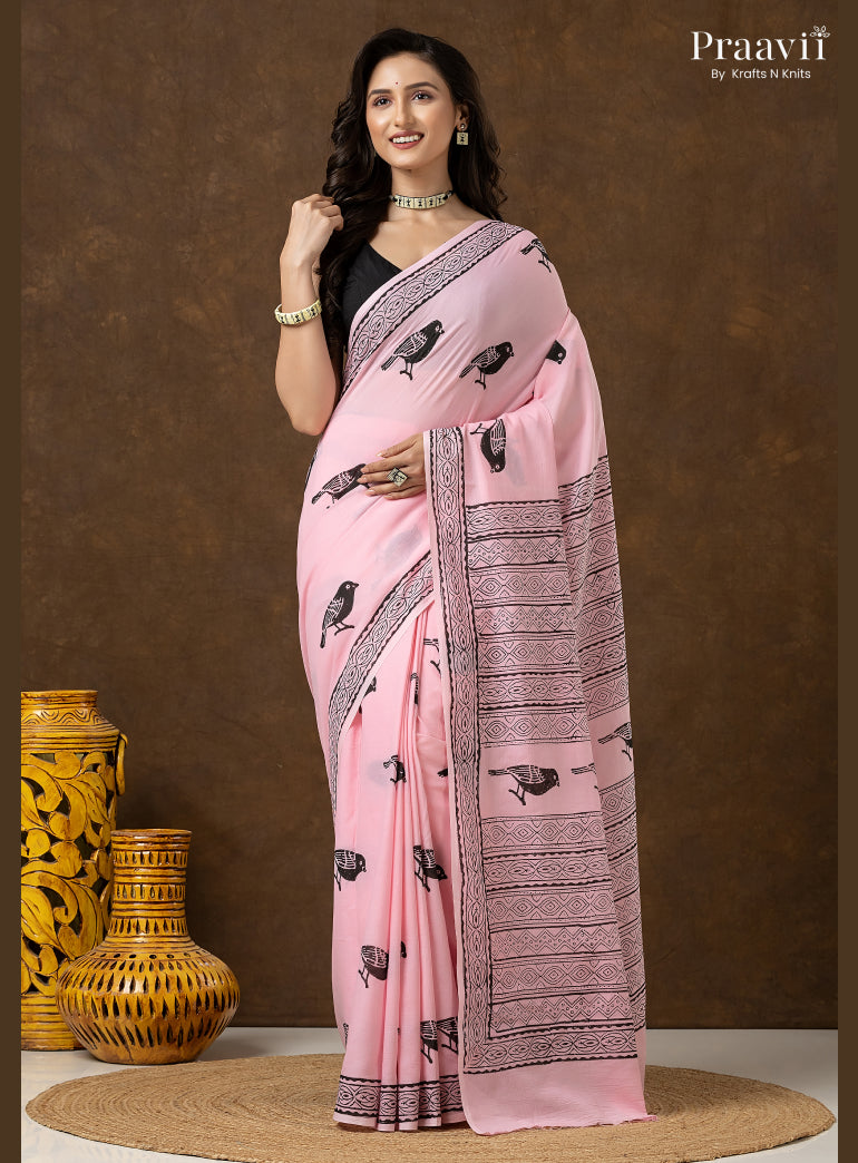 Blush Pink Pure Cotton Saree with Hand Block