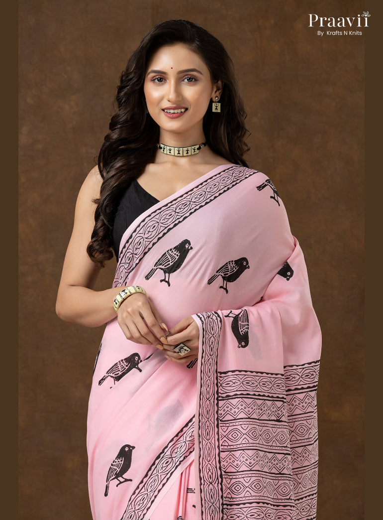 Blush Pink Pure Cotton Saree with Hand Block