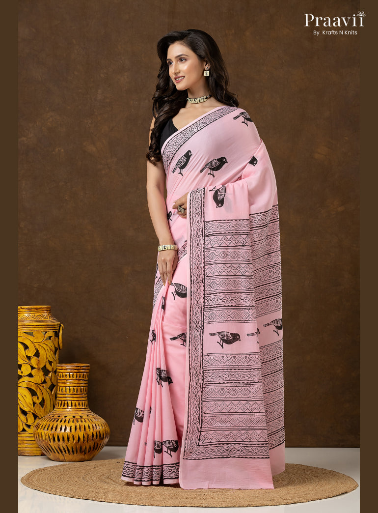 Blush Pink Pure Cotton Saree with Hand Block