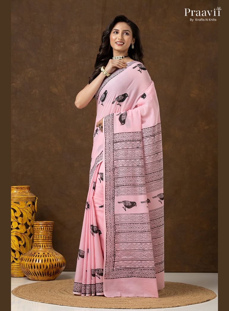 Blush Pink Pure Cotton Saree with Hand Block