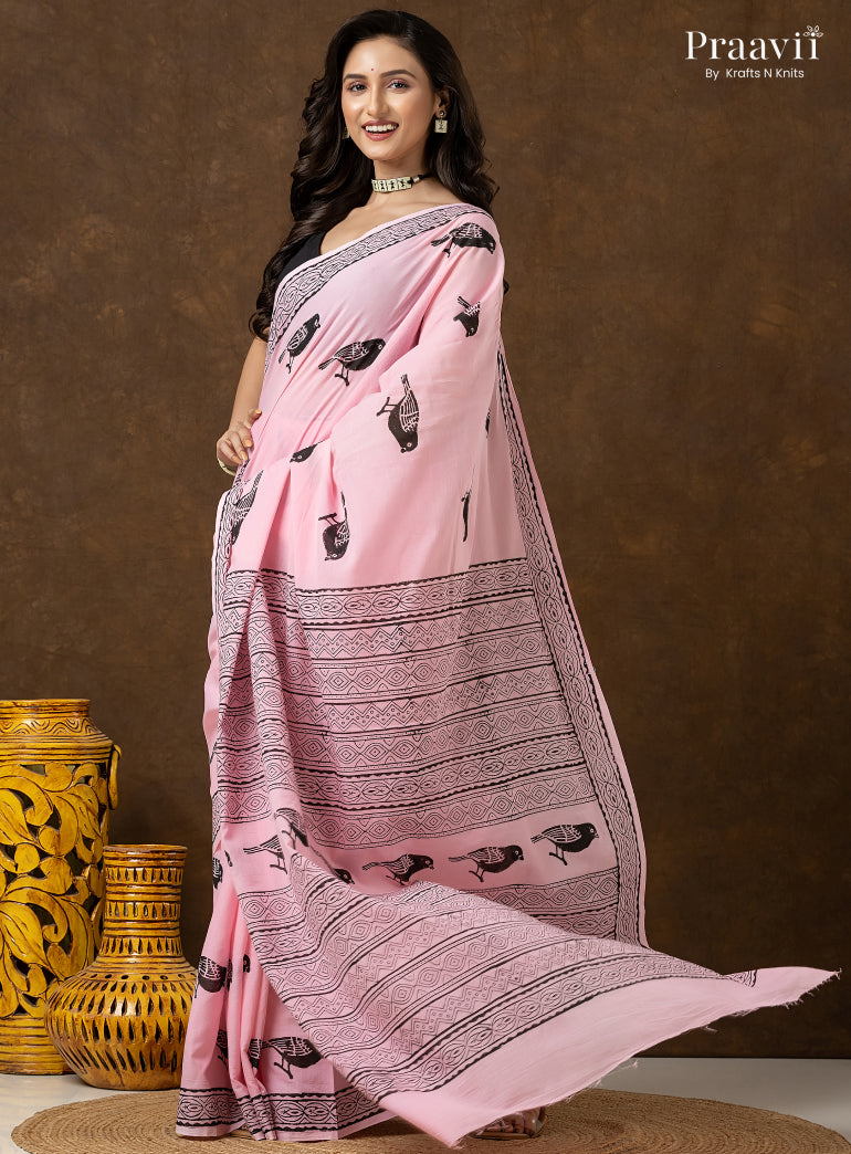 Blush Pink Pure Cotton Saree with Hand Block