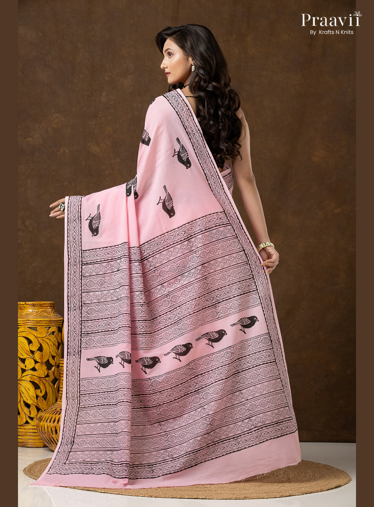 Blush Pink Pure Cotton Saree with Hand Block