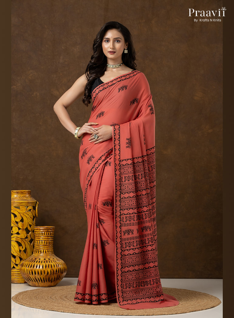 Vintage Rose Pure Cotton Saree with Hand Block
