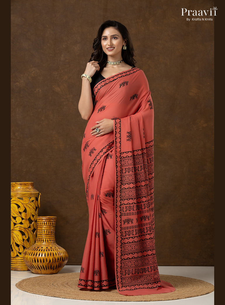 Vintage Rose Pure Cotton Saree with Hand Block