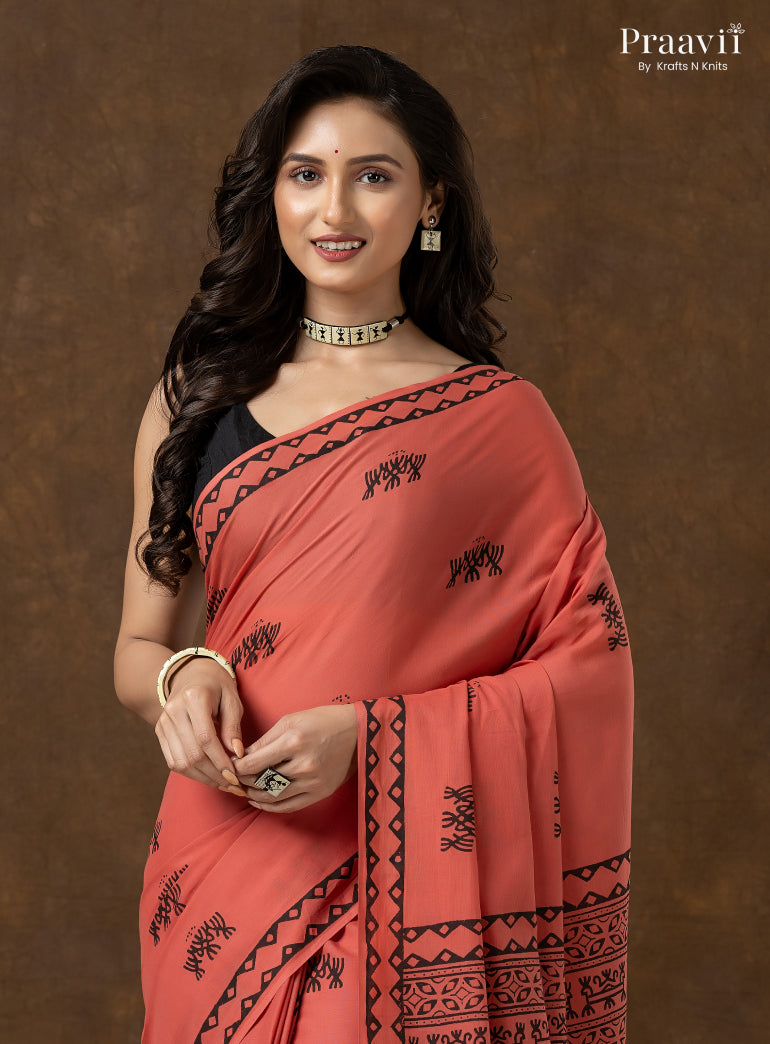 Vintage Rose Pure Cotton Saree with Hand Block