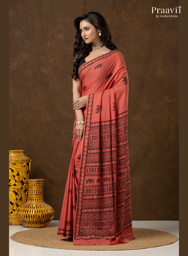 Vintage Rose Pure Cotton Saree with Hand Block