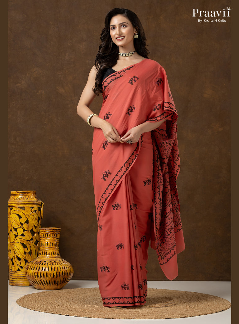 Vintage Rose Pure Cotton Saree with Hand Block
