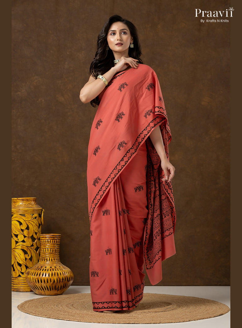 Vintage Rose Pure Cotton Saree with Hand Block