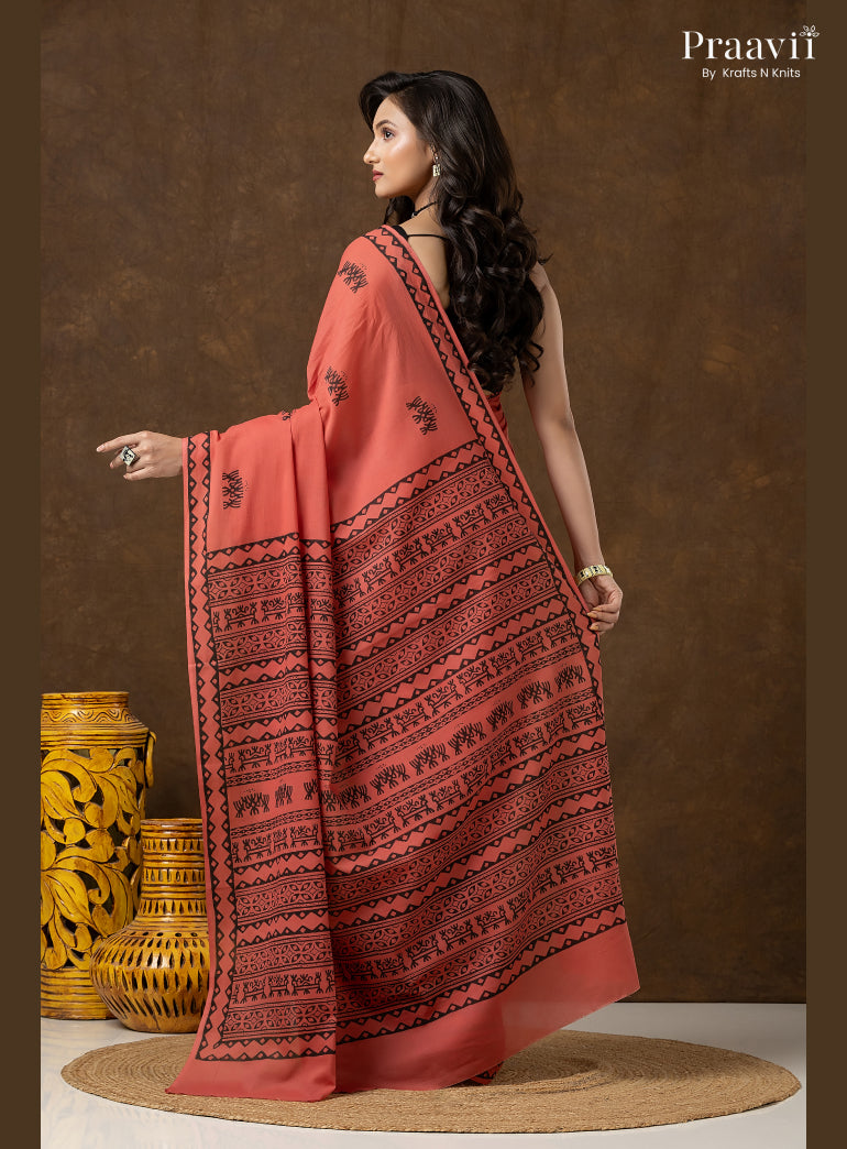 Vintage Rose Pure Cotton Saree with Hand Block