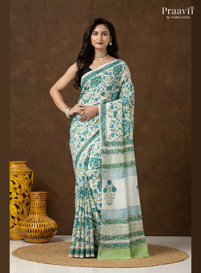 Blue Green Bagru Print Pure Mul Cotton Saree