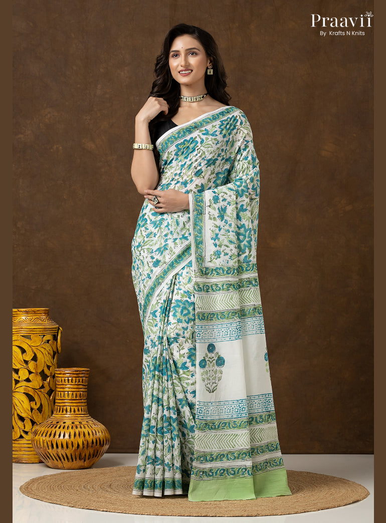 Blue Green Bagru Print Pure Mul Cotton Saree