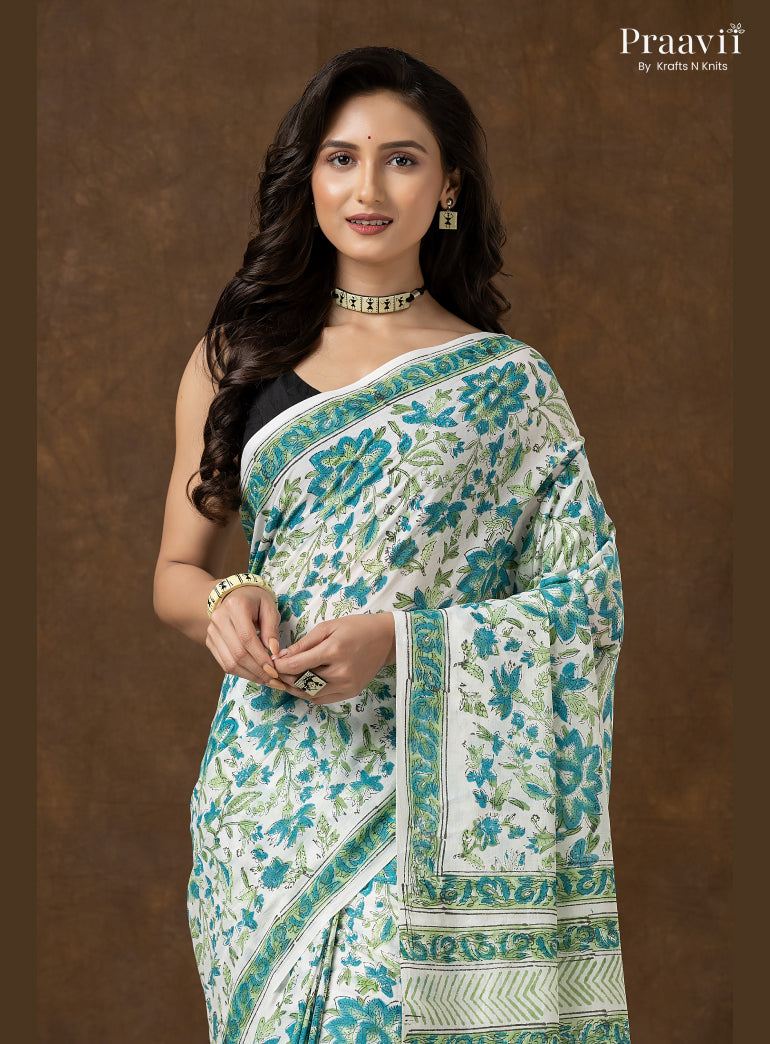 Blue Green Bagru Print Pure Mul Cotton Saree