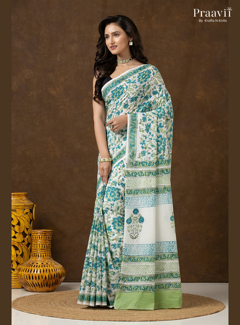 Blue Green Bagru Print Pure Mul Cotton Saree