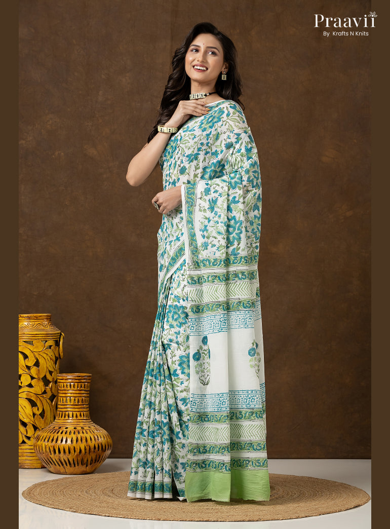 Blue Green Bagru Print Pure Mul Cotton Saree