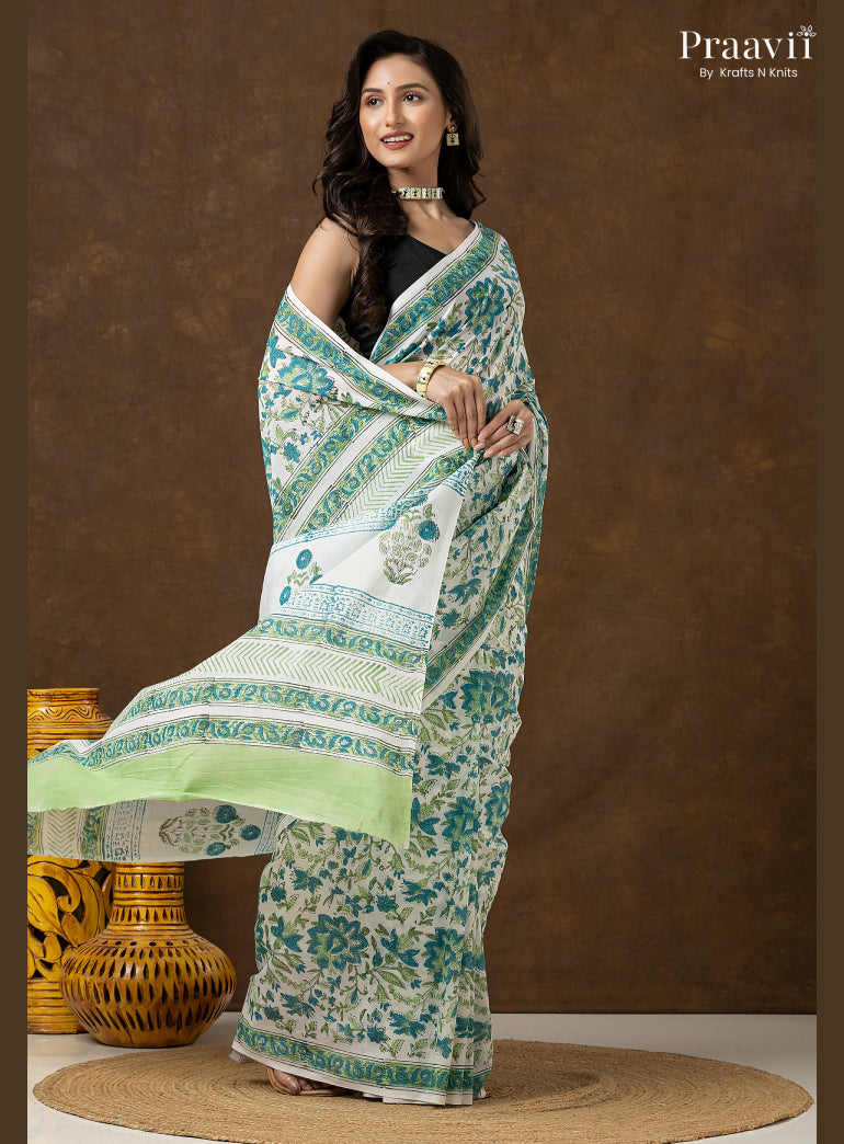 Blue Green Bagru Print Pure Mul Cotton Saree