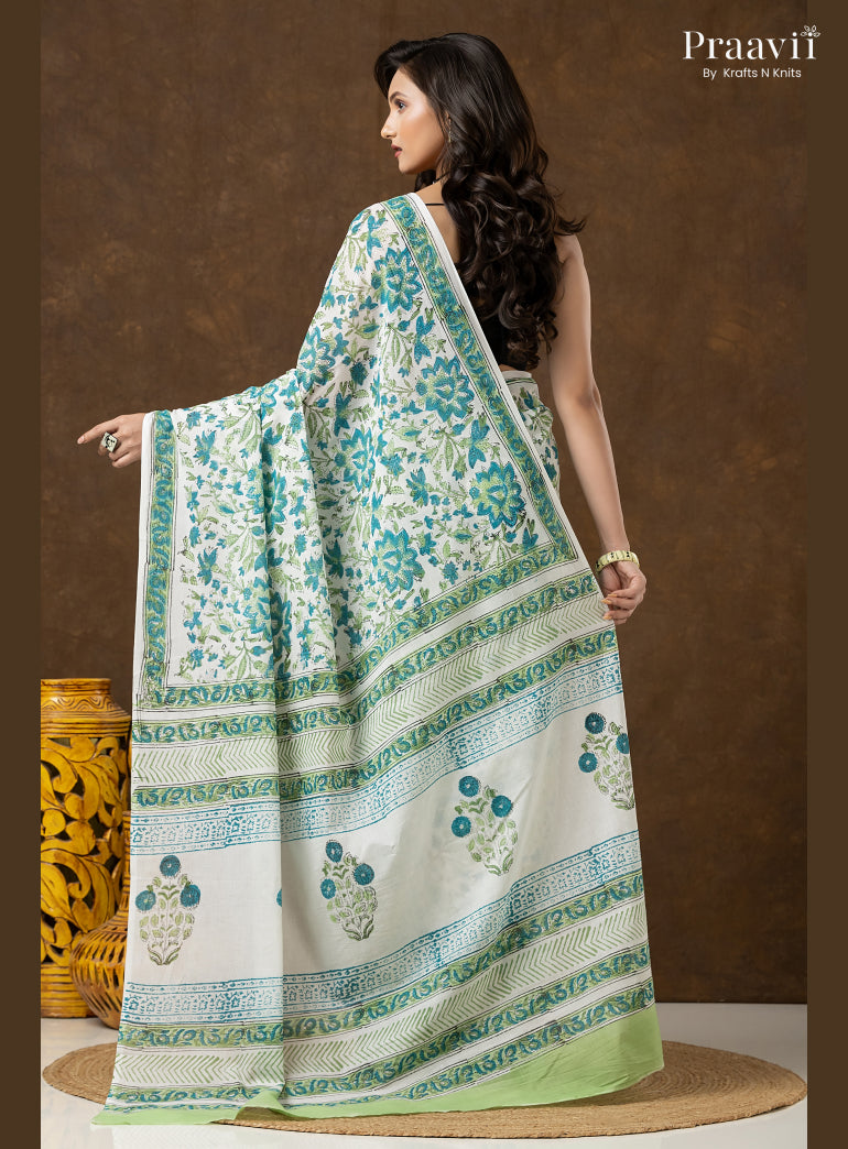 Blue Green Bagru Print Pure Mul Cotton Saree
